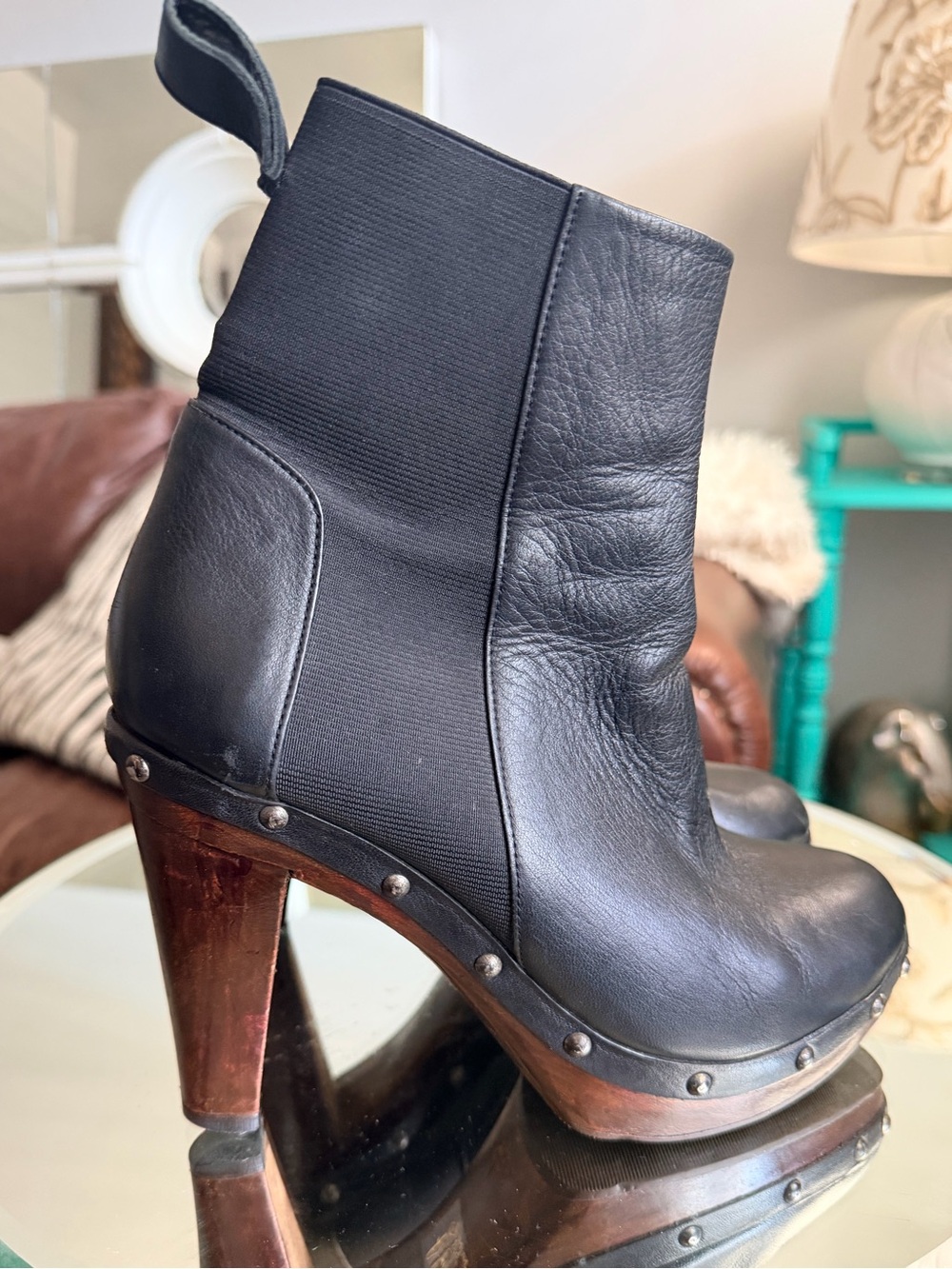 Opening Ceremony Women's Black Leather High-Heel Wooden Boot Studded Accent
